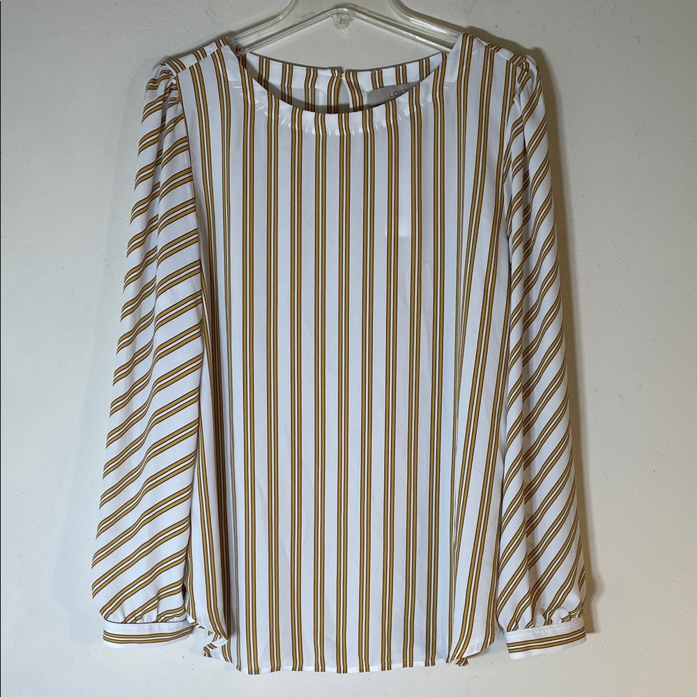 LOFT White Blouse with Mustard Stripe